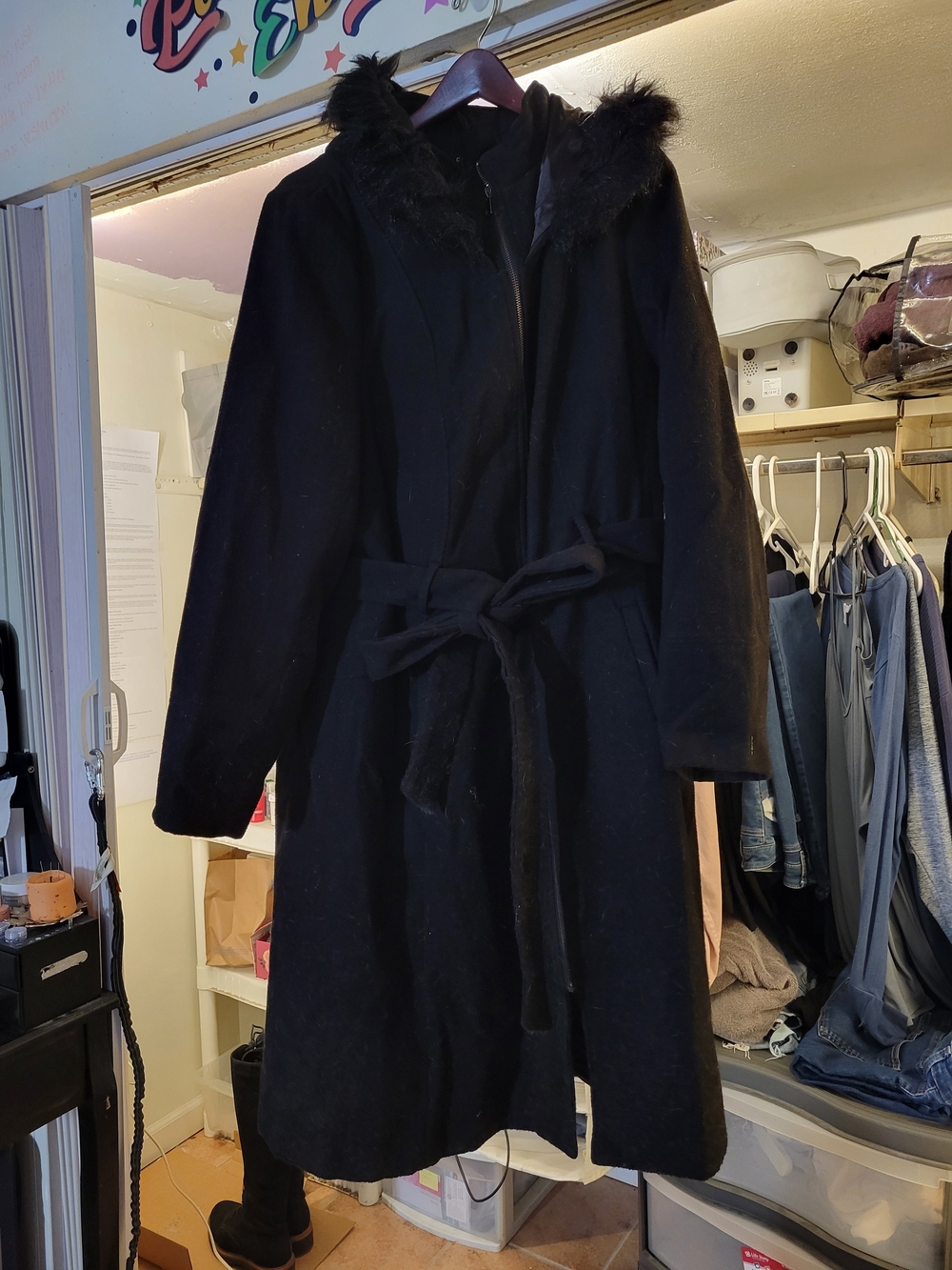 City Chic Black Hooded Belted Wool Blend Full Length Coat Size 24 XXXL